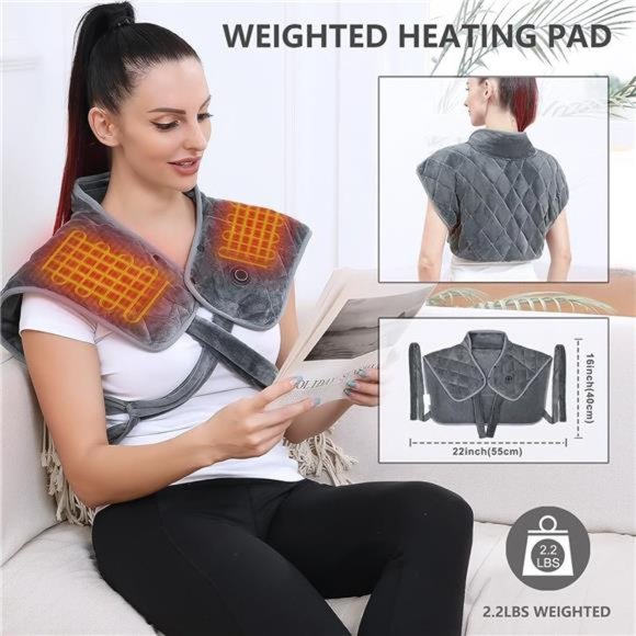 Weighted Heating Pad for Neck&Shoulder, 2.2lbs Portable Cordless, 3 Heat Setting - Picture 6 of 6